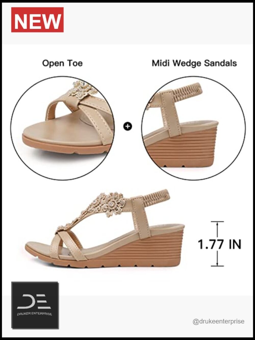 Low Wedge Heels Platform Sandals Elastic Ankle Strap Open Toe Rhinestone Floral - Picture 5 of 7